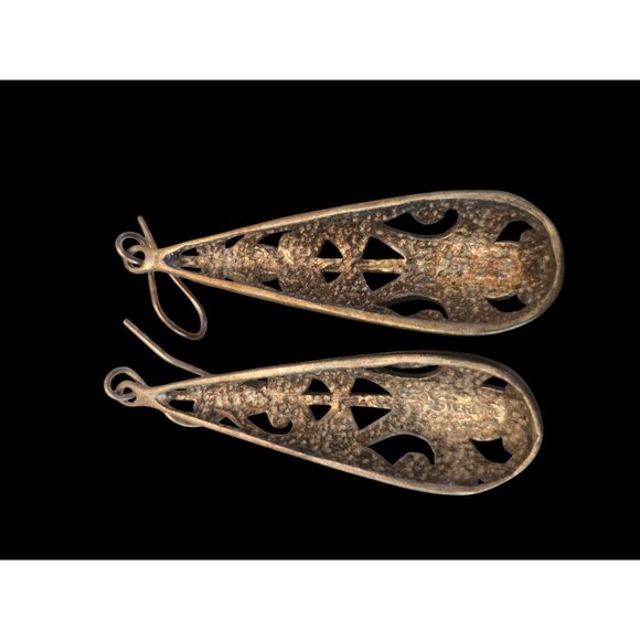Vintage Silver Filigree Teardrop Earrings Boho Artisan Dangle - Picture 4 of 4